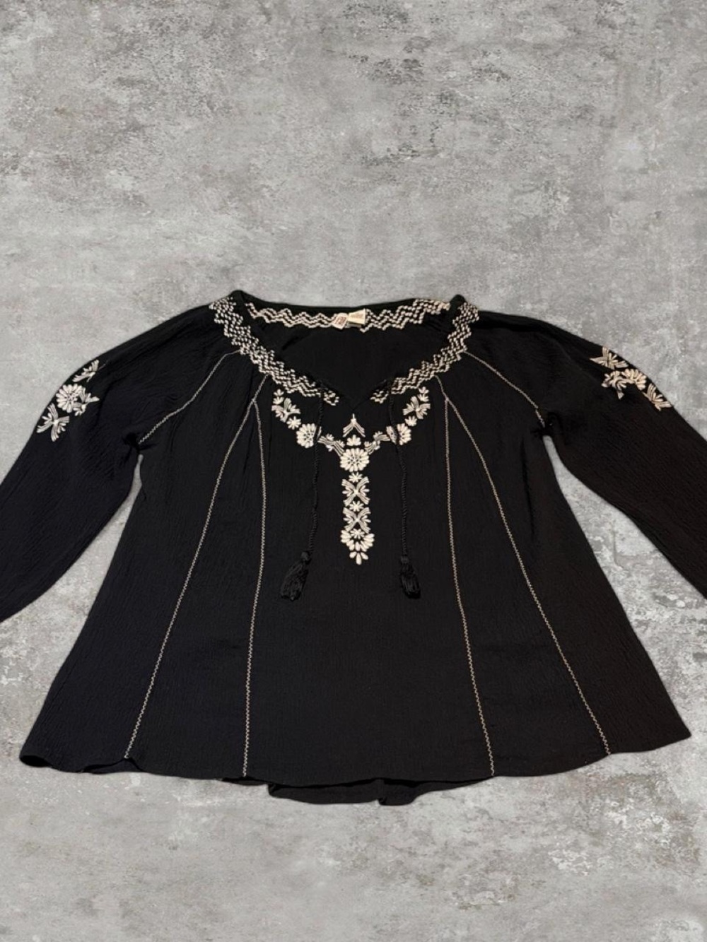 Mudd Black Peasant Blouse with White Embroidered Detail